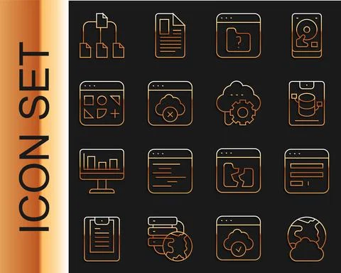 Set line Social network, Browser window, Server, Data, Web Hosting, File missing Illustrazione stock