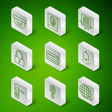 Set line Social network, Car key with remote, Motion sensor, Credit card, L.. Stock Illustration