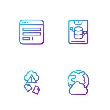 Set line Social network, Cloud hacking, Browser window and Server, Data, Web 스톡 일러스트