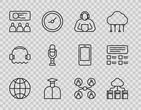 Set line Social network, Cloud online library, Student, Training, presentation Illustrazione stock