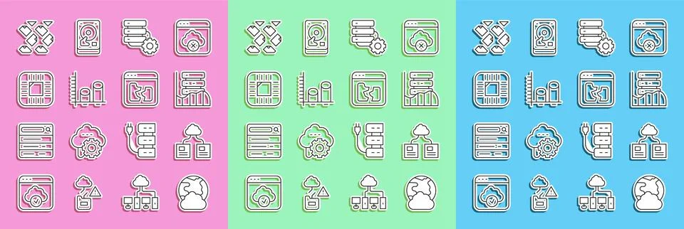 Set line Social network, Cloud technology data transfer, Server, Data, Web Illustrazione stock