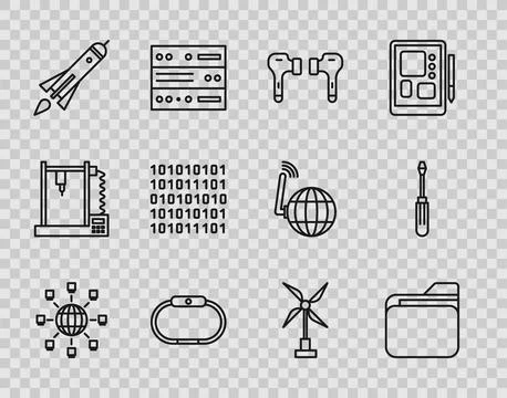 Set line Social network, Document folder, Air headphones, Smartwatch, Rocke.. Stock Illustration