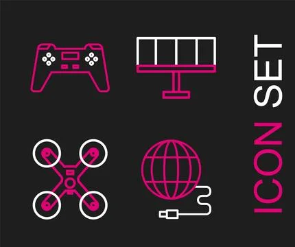 Set line Social network, Drone flying, Solar energy panel and Gamepad icon Stock Illustration
