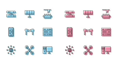 Set line Social network, Drone flying, Motion sensor, Computer monitor, Air Stock Illustration