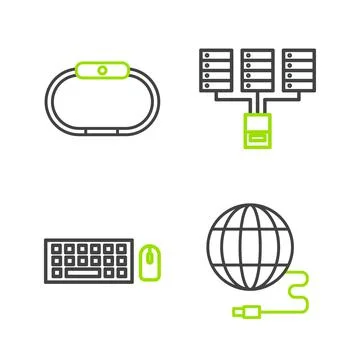 Set line Social network, Keyboard and mouse, Server, Data, Web Hosting and Sm 스톡 일러스트