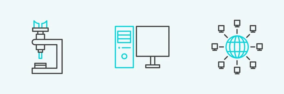 Set line Social network, Microscope and Computer monitor icon. Vector Illustrazione stock