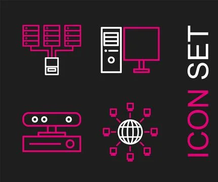 Set line Social network, Motion sensor, Computer monitor and Server, Data, .. Stock Illustration