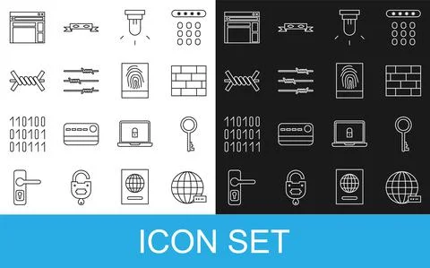 Set line Social network, Old key, Bricks, Motion sensor, Barbed wire, Website Stock Illustration