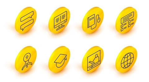 Set line Social network, Online education, Graduation cap globe, Web camera.. Stock Illustration