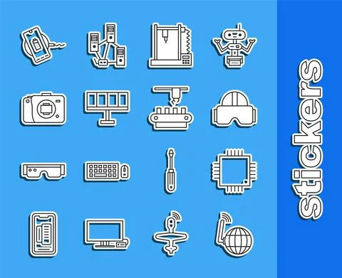 Set line Social network, Processor with microcircuits CPU, Virtual reality Illustrazione stock