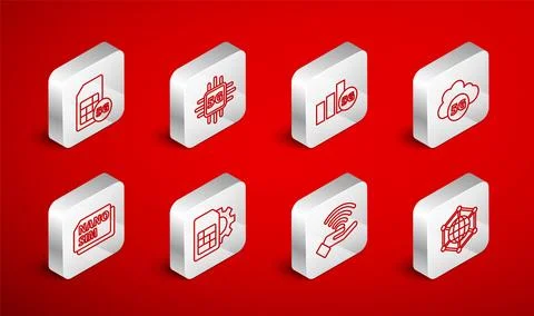 Set line Social network, Processor 5G, Cloud, Sim Card, card setting and Na.. Stock Illustration