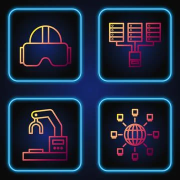 Set line Social network, Robotic robot arm hand factory, Virtual reality glasses Illustrazione stock