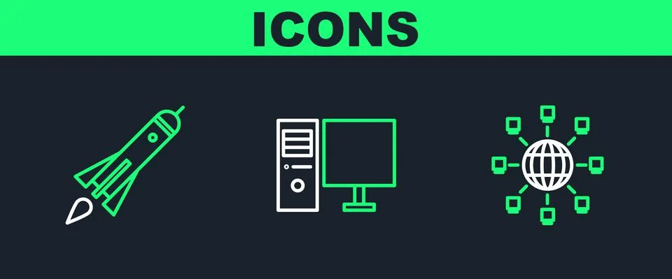 Set line Social network, Rocket ship with fire and Computer monitor icon. Vector Stock Illustration