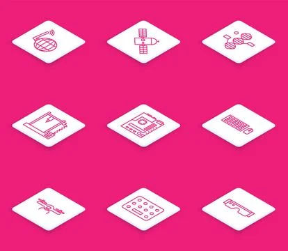 Set line Social network, Satellite, DNA symbol, 3D printer, Motherboard Illustrazione stock