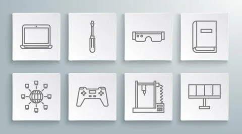Set line Social network, Screwdriver, Gamepad, 3D printer, Solar energy panel イラスト素材