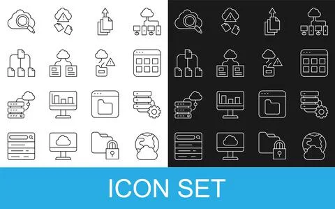 Set line Social network, Server and gear, Browser files, Data export, Cloud Stock Illustration
