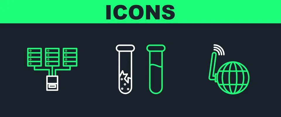 Set line Social network, Server, Data, Web Hosting and Test tube and flask icon Stock Illustration