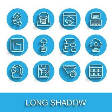 Set line Social network, Server, Data, Web Hosting, Cloud hacking, Filter Stock Illustration