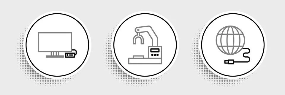 Set line Social network, Smart Tv and Robotic robot arm hand factory icon 스톡 일러스트