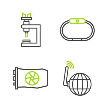 Set line Social network, Video graphic card, Smartwatch and Microscope icon.. Stock Illustration