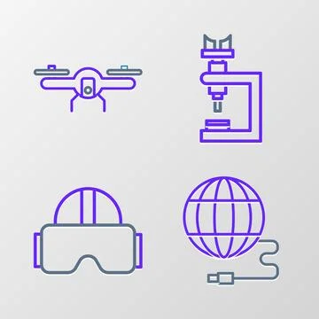 Set line Social network, Virtual reality glasses, Microscope and Drone flying Stock Illustration