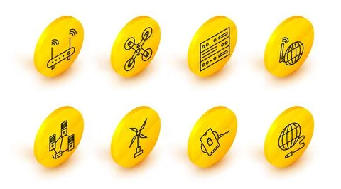 Set line Social network, Wireless charger, Wind turbine, Computer, Server, Data 스톡 일러스트