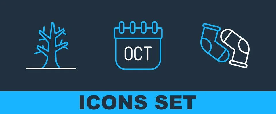 Set line Socks, Bare tree and October calendar autumn icon. Vector Stock Illustration