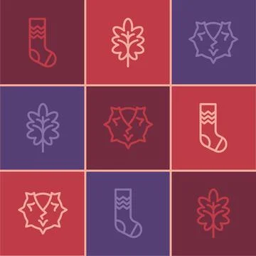 Set line Socks, Chestnut and Leaf icon. Vector Stock Illustration