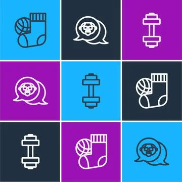 Set line Socks, Dumbbell and Grandfather icon. Vector Stock Illustration