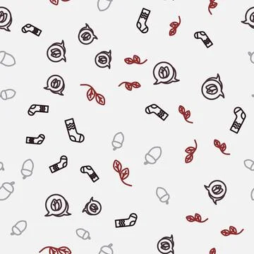 Set line Socks, Leaf, Acorn and on seamless pattern. Vector Stock Illustration