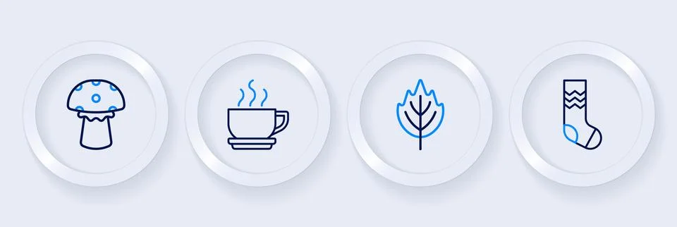 Set line Socks, Leaf, Coffee cup and Mushroom icon. Vector Stock Illustration