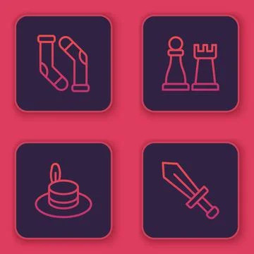Set line Socks, Man hat, Chess and Sword for game. Blue square button. Vector Stock Illustration
