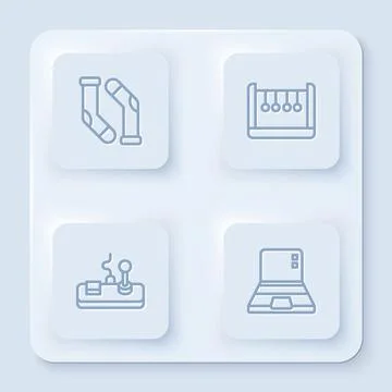 Set line Socks, Pendulum, Gamepad and Laptop. White square button. Vector Stock Illustration