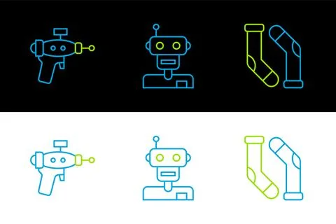 Set line Socks, Ray gun and Robot icon. Vector イラスト素材