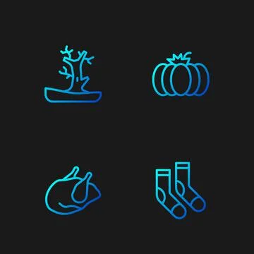 Set line Socks, Roasted turkey or chicken, Bare tree and Pumpkin. Gradient color Illustrazione stock