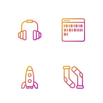 Set line Socks, Rocket ship, Headphones and Binary code. Gradient color icons Stock Illustration