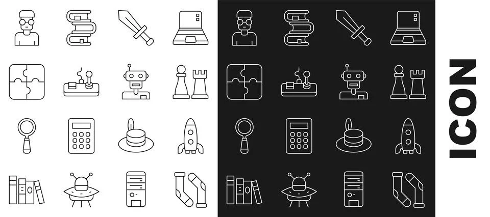 Set line Socks, Rocket ship, Chess, Sword for game, Gamepad, Piece of puzzl.. Stock Illustration
