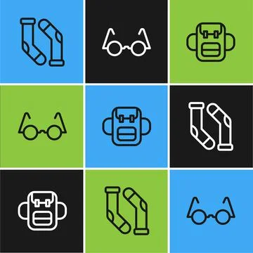 Set line Socks, School backpack and Eyeglasses icon. Vector Illustrazione stock