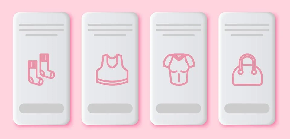 Set line Socks, Undershirt, T-shirt and Handbag. White rectangle button. Vector 스톡 일러스트