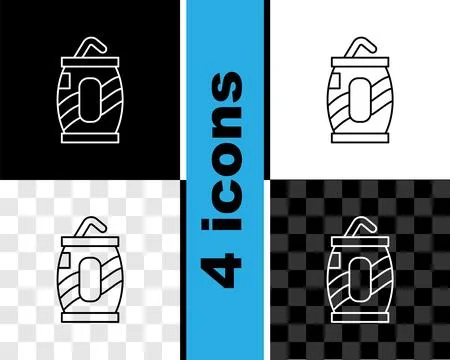 Set line Soda can with drinking straw icon isolated on black and white, trans Stock Illustration