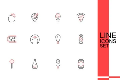 Set line Soda can, Ice cream, Sauce bottle, Lollipop, Candy, Chicken leg, F.. Stock Illustration