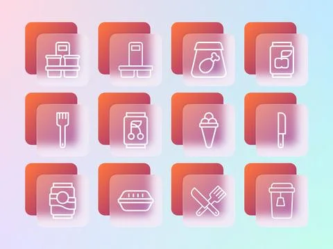 Set line Soda can, Lunch box, Ice cream in waffle, Crossed knife and fork, .. Stock Illustration