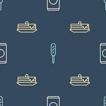 Set line Soda can with straw, Stack of pancakes and Corn dog on seamless pattern イラスト素材