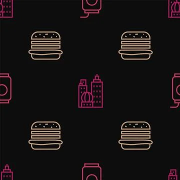 Set line Soda can with straw, Burger and City landscape on seamless pattern.. Stock Illustration