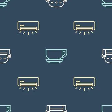 Set line Sofa, Air conditioner and Coffee cup on seamless pattern. Vector Stock Illustration