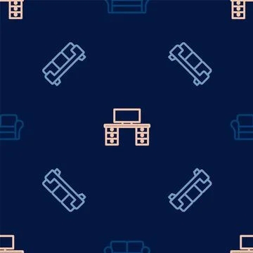 Set line Sofa, and Office desk on seamless pattern. Vector Illustrazione stock