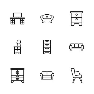 Set line Sofa, Armchair, Chest drawers, Furniture nightstand, Office desk, .. Stock Illustration