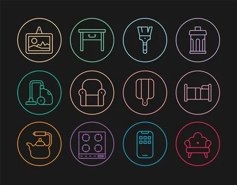 Set line Sofa, Bed, Paint brush, Armchair, Vacuum cleaner, Picture, Cutting Illustration