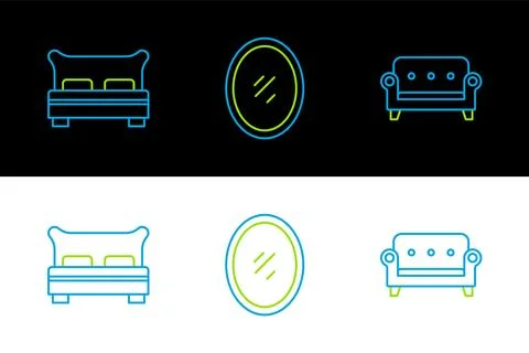 Set line Sofa, Big bed and Mirror icon. Vector Illustrazione stock
