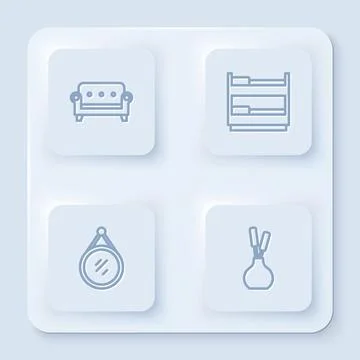 Set line Sofa, Bunk bed, Mirror and Vase. White square button. Vector Stock Illustration